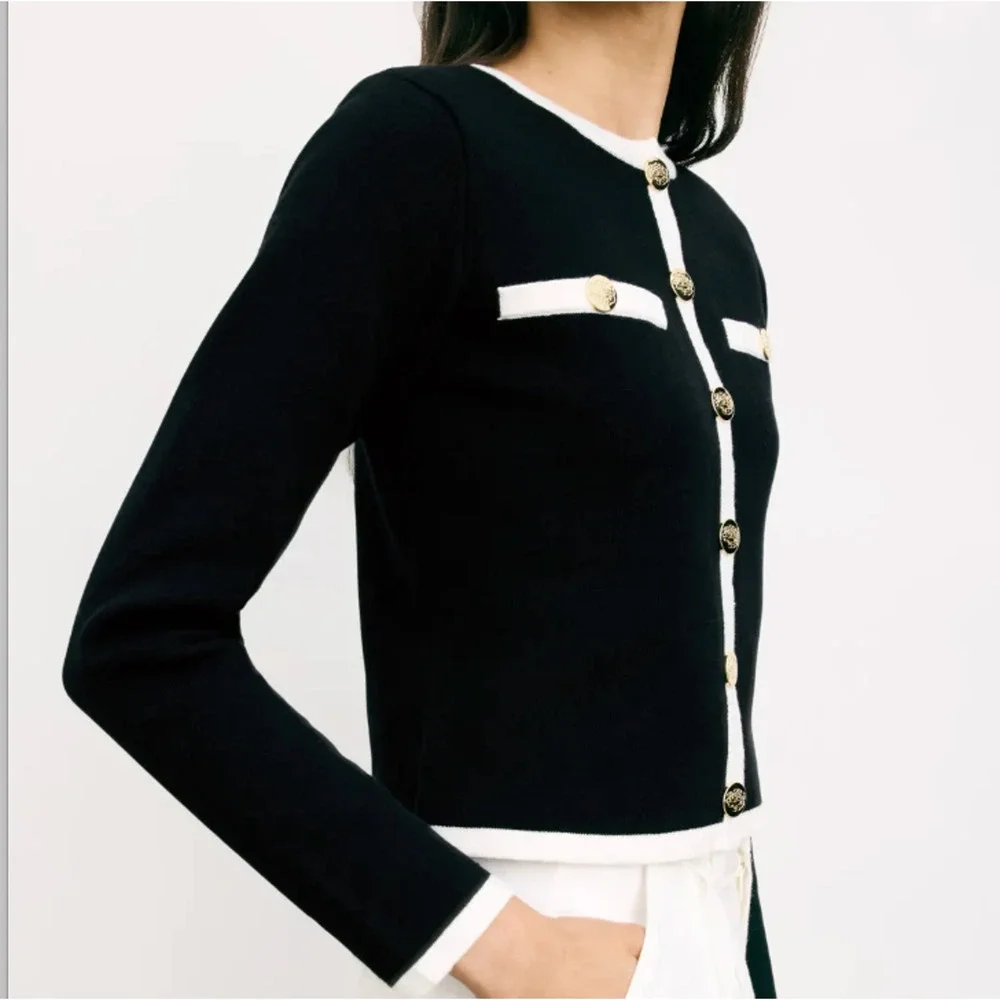 Alexia Admor Black White Career Cardigan Sweater SMALL Preppy Bolero Jacket $169 - Picture 2 of 13